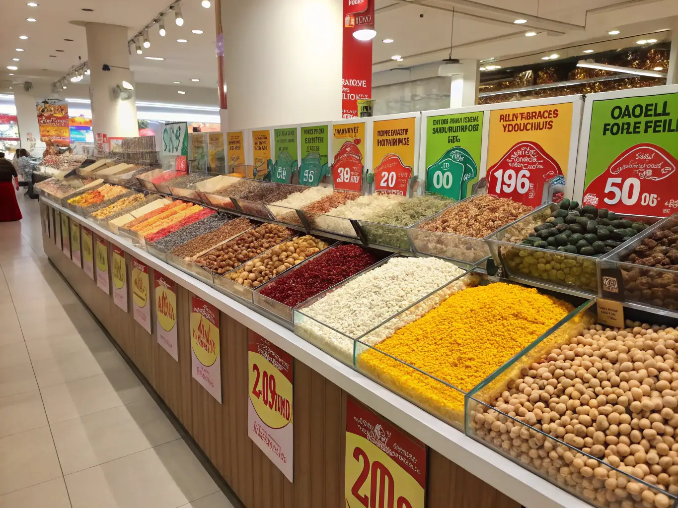 A vibrant display of various foodstuffs including sugar, spices, and coffee beans, representing Axum Group Ltd's wholesale trade in foodstuffs.