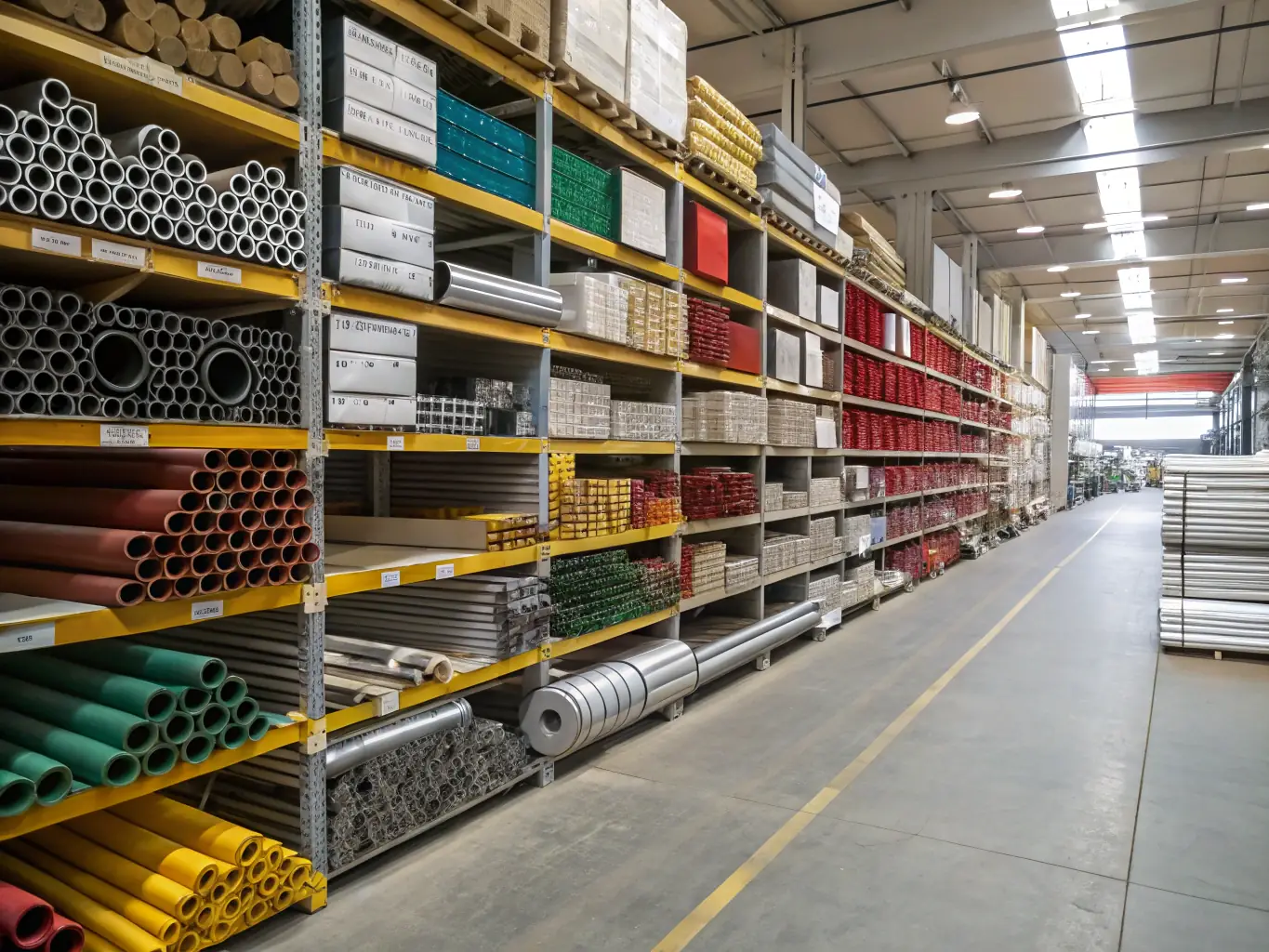 Industrial goods such as metals and raw materials stacked in a warehouse, representing Axum Group Ltd's specialization in the wholesale trade of industrial goods.