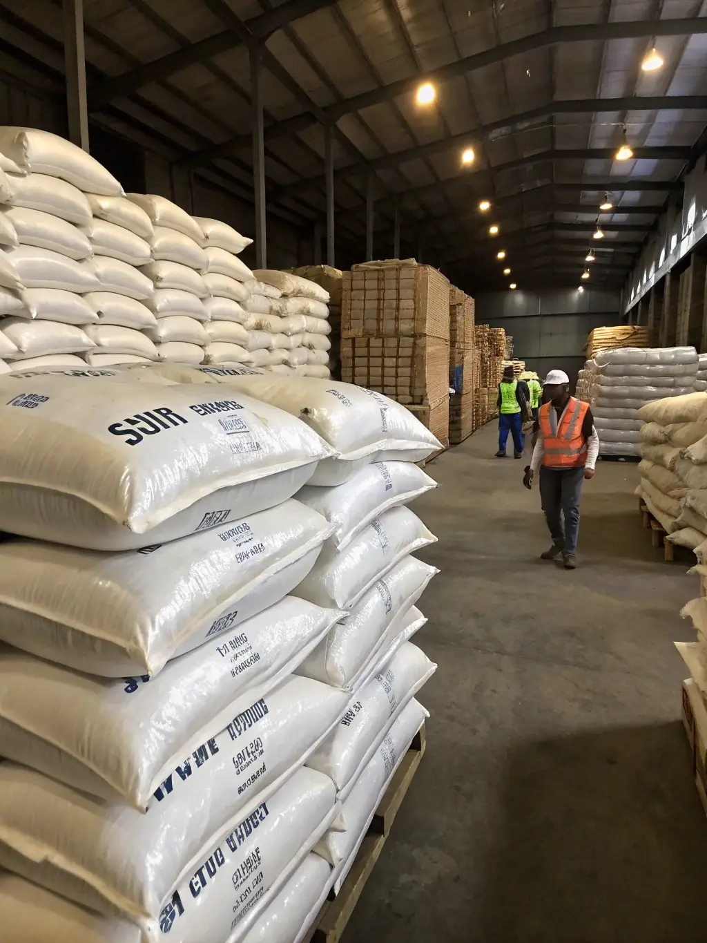 A high-quality image of neatly stacked pallets of refined sugar in a warehouse, emphasizing the scale and efficiency of Axum Group Ltd's sugar wholesale operations.