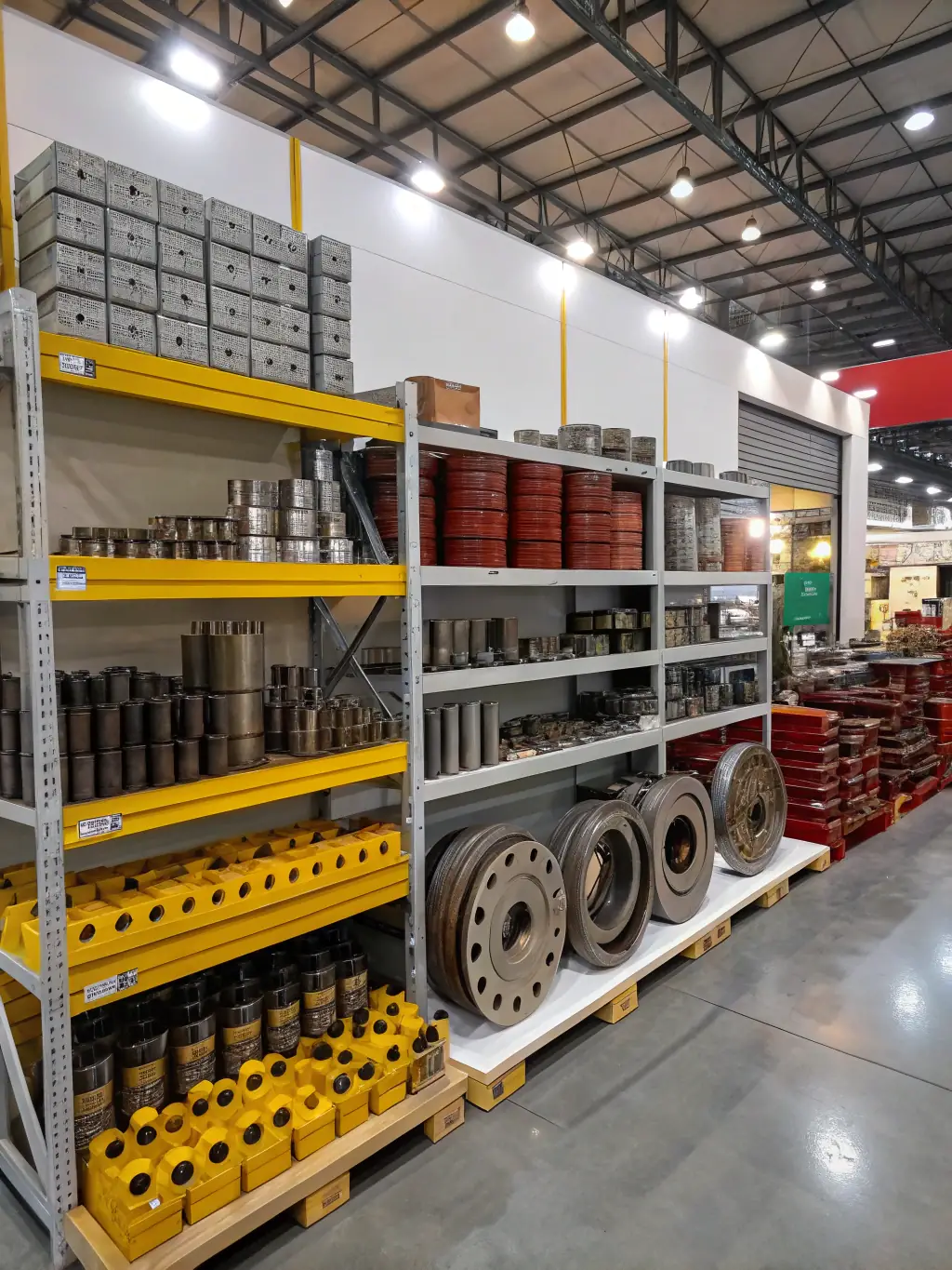 A photograph featuring stacks of metal sheets and industrial raw materials in a warehouse setting, emphasizing the scale and quality of Axum Group Ltd's wholesale trade in industrial goods.